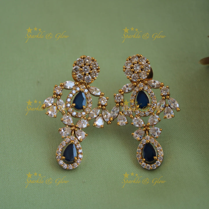 Exclusive floral design two layer AD short necklace with blue stones - blue