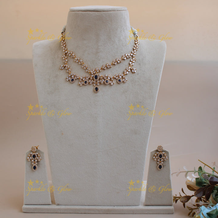 Exclusive floral design two layer AD short necklace with blue stones - blue