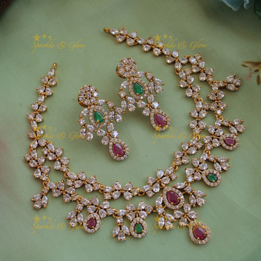 Exclusive floral design two layer AD short necklace with blue stones - blue