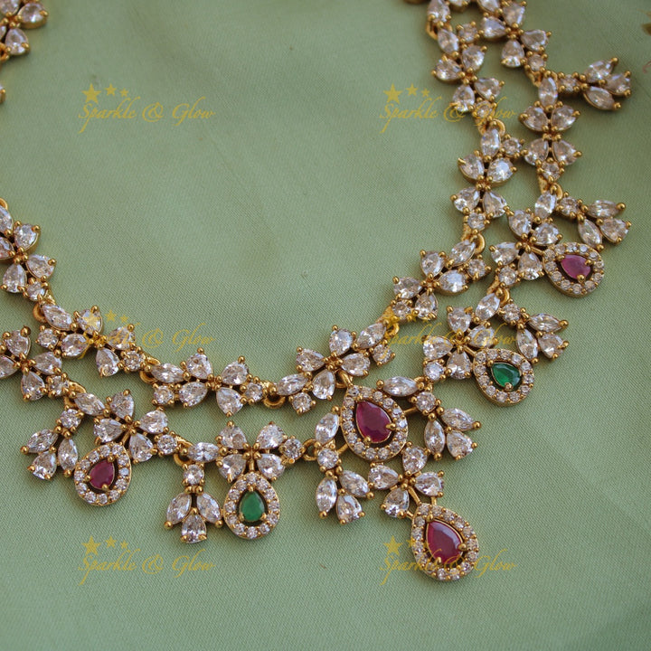 Exclusive floral design two layer AD short necklace with ruby and emerald stones - red green