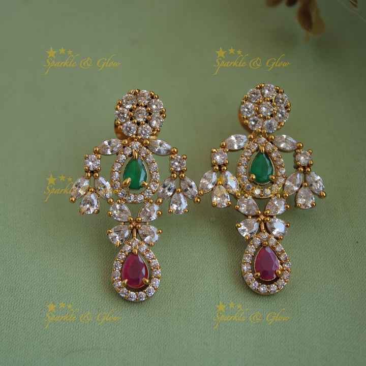 Exclusive floral design two layer AD short necklace with ruby and emerald stones - red green