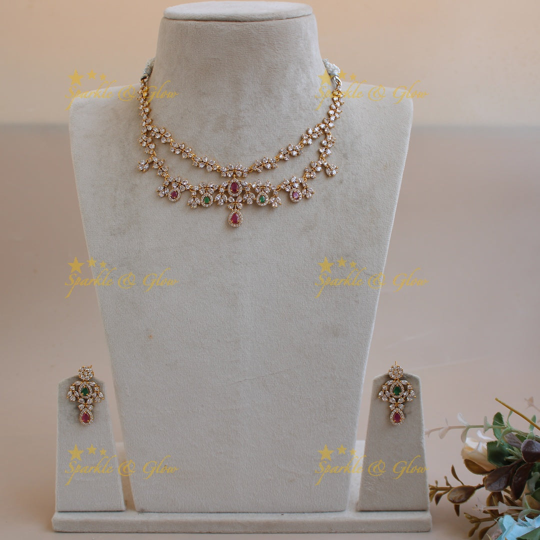 Exclusive floral design two layer AD short necklace with ruby and emerald stones - red green