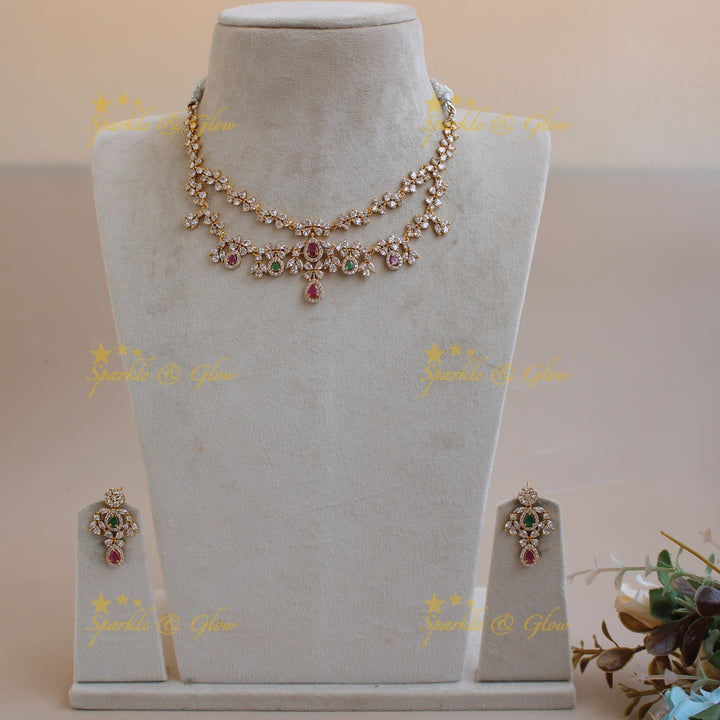 Exclusive floral design two layer AD short necklace with ruby and emerald stones - red green