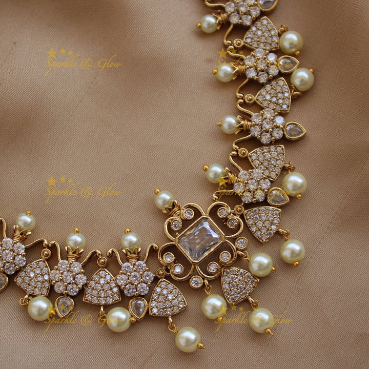 Beautiful floral and triangle design AD short necklace with stones - Sparkle and Glow - Back Thread - 