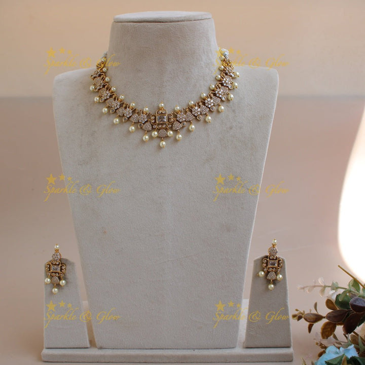 Beautiful floral and triangle design AD short necklace with stones - Sparkle and Glow - Back Thread - 