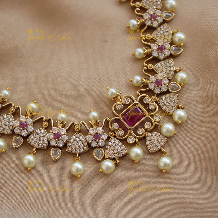 Beautiful floral and triangle design AD short necklace with ruby stones - pink