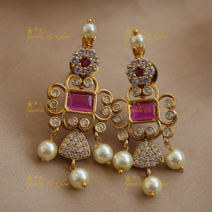Beautiful floral and triangle design AD short necklace with ruby stones - pink