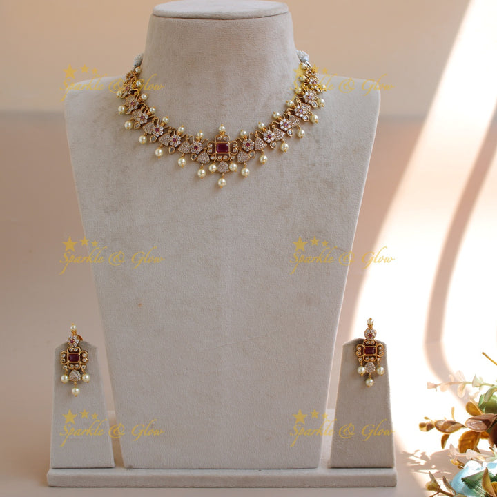 Beautiful floral and triangle design AD short necklace with ruby stones - pink
