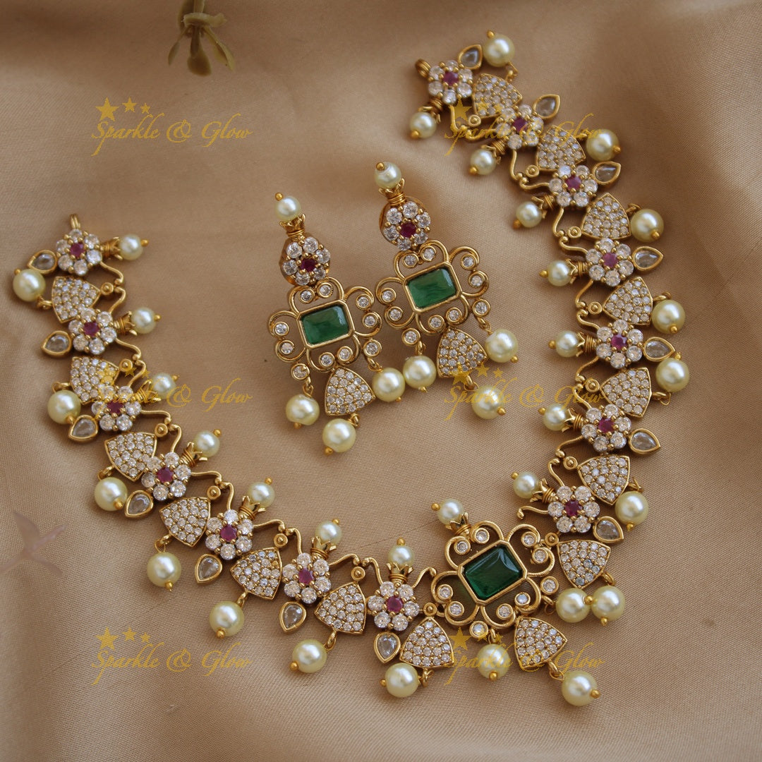 Beautiful floral and triangle design AD short necklace with ruby stones - pink