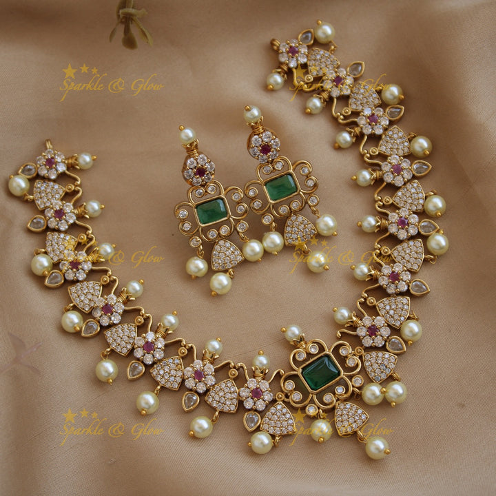 Beautiful floral and triangle design AD short necklace with ruby stones - pink