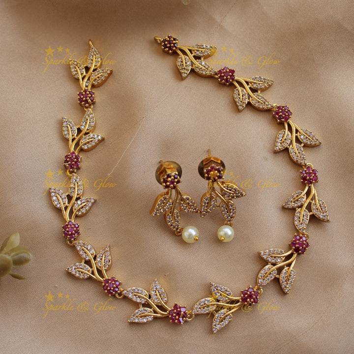 Stunning floral and leaflet design AD short necklace with stones - white