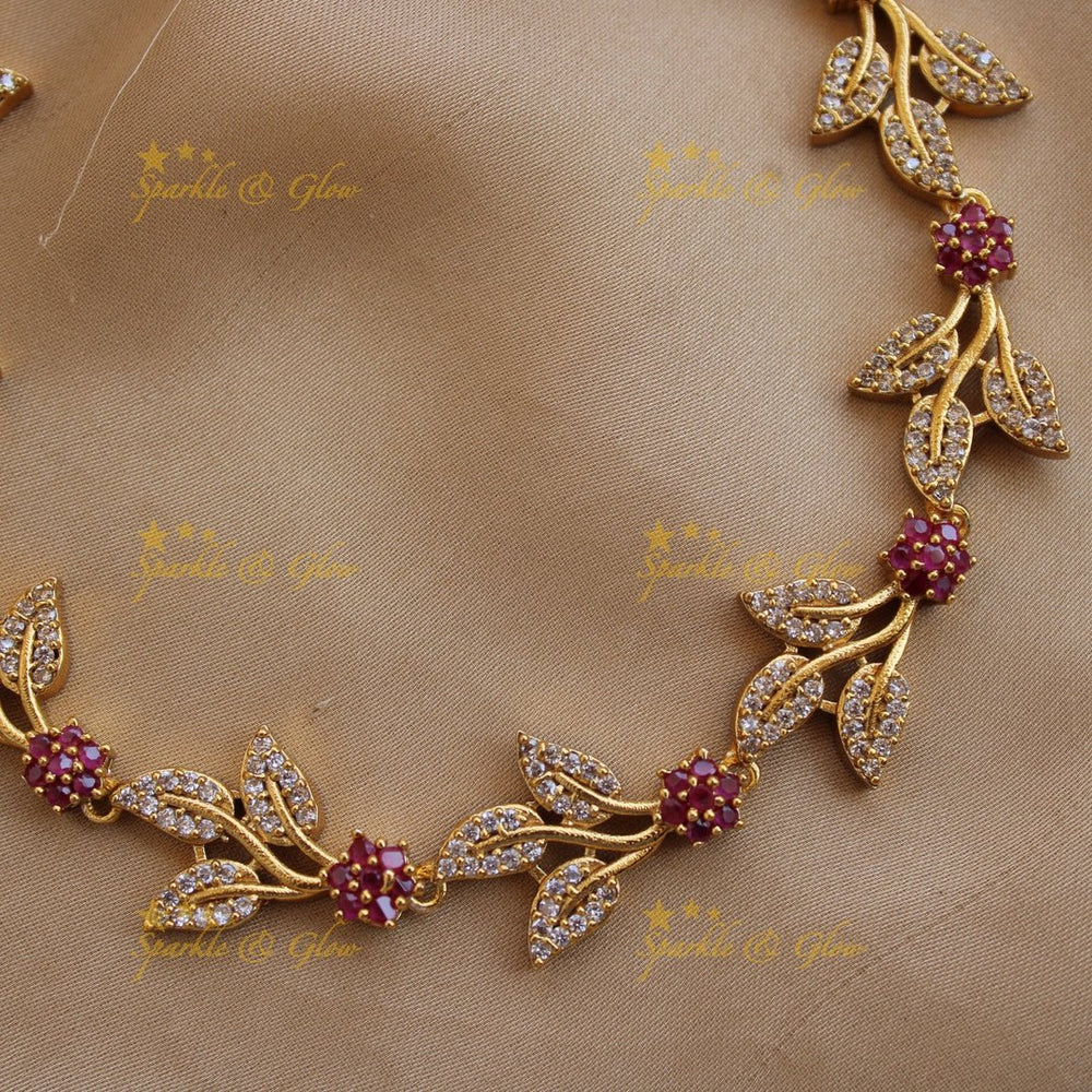 Stunning floral and leaflet design AD short necklace with ruby stones - Sparkle and Glow - Back Thread - 