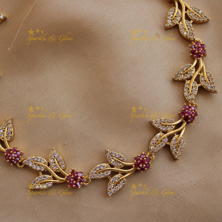 Stunning floral and leaflet design AD short necklace with ruby stones - Sparkle and Glow - Back Thread - 