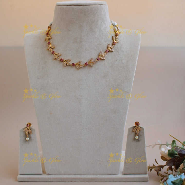 Stunning floral and leaflet design AD short necklace with ruby stones - Sparkle and Glow - Back Thread - 
