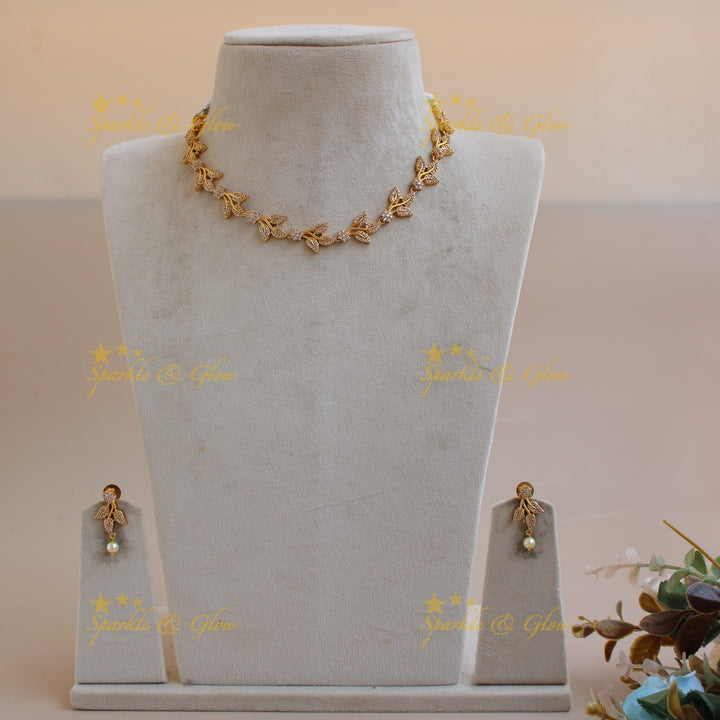 Stunning floral and leaflet design AD short necklace with stones - white