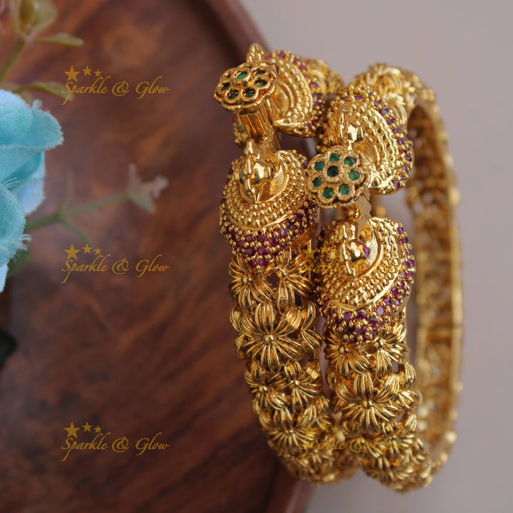 Gorgeous Peacock flower carved kadas with ruby and emerald a pair,  2.6
