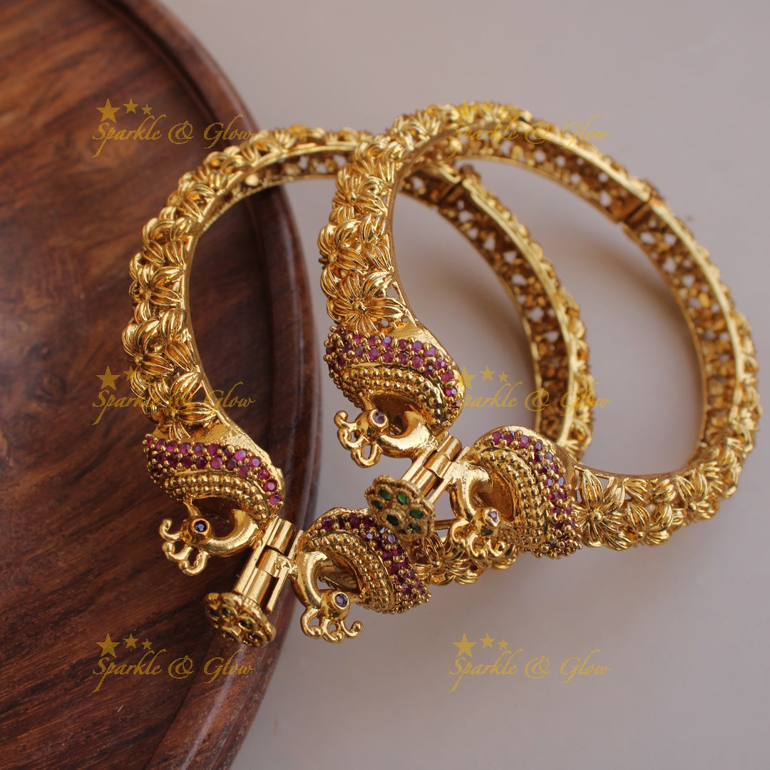 Gorgeous Peacock flower carved kadas with ruby and emerald a pair,  2.6