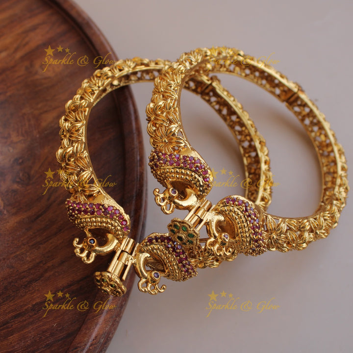 Gorgeous Peacock flower carved kadas with ruby and emerald a pair,  2.6