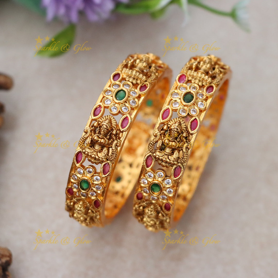 Lakshmi Carved Bangles with Ruby & Emerald Stones