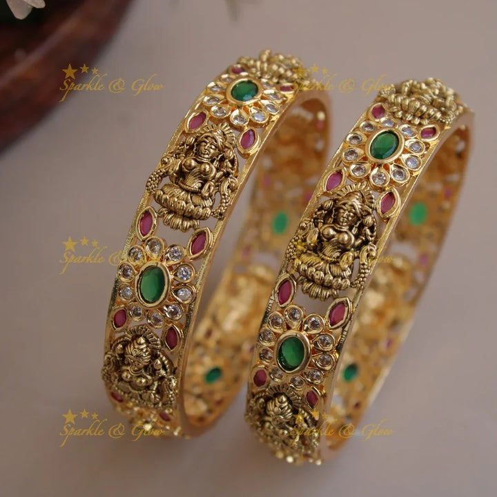 Beautiful Lakshmi flower carved bangles with ruby emerald and white stones a pair, 2.4 - Sparkle and Glow