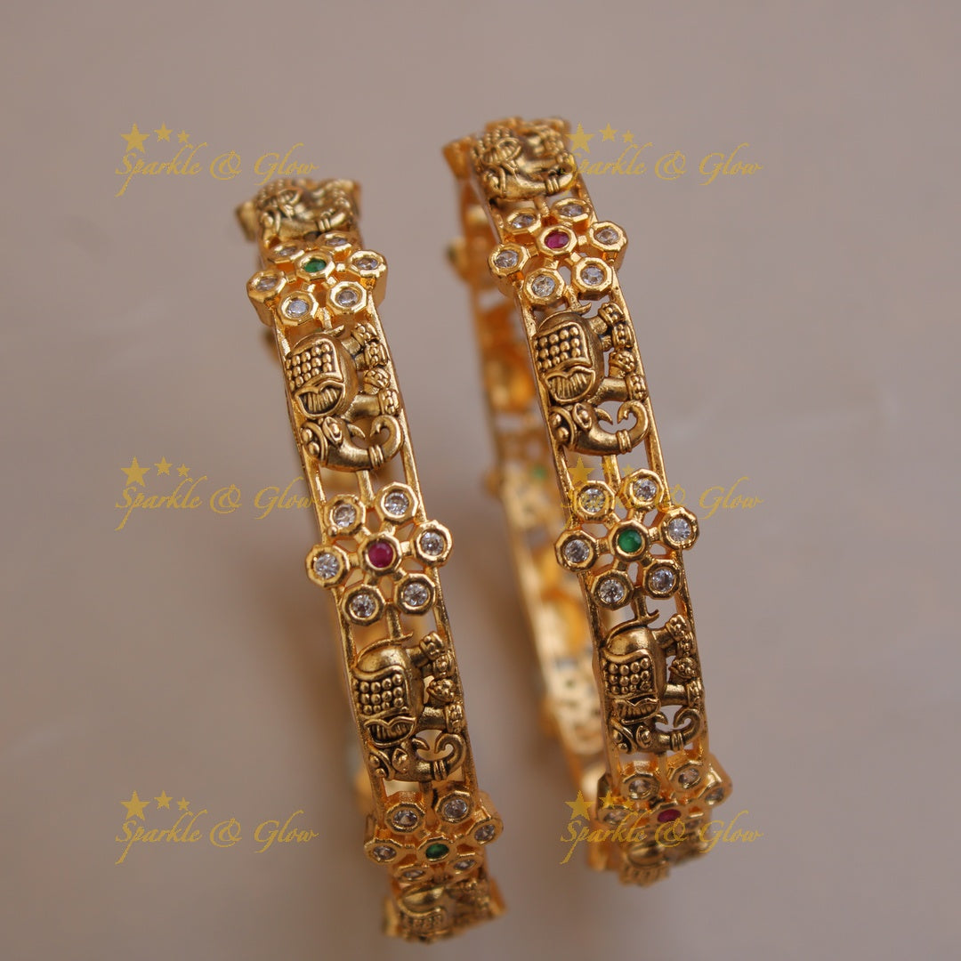 Premium Matt Elephant floral design bangles with multi colour stones a pair,