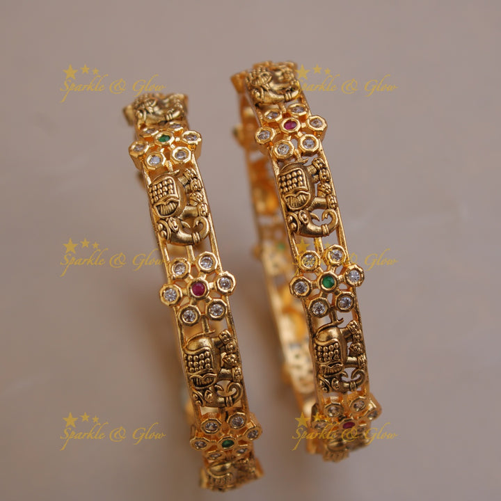 Premium Matt Elephant floral design bangles with multi colour stones a pair,