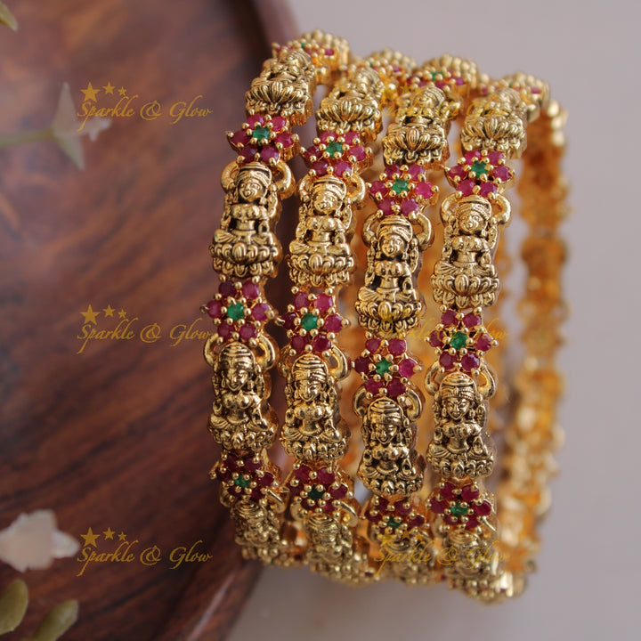Elegant Lakshmi carved floral bangles with multi colour stones two pairs,  2.6