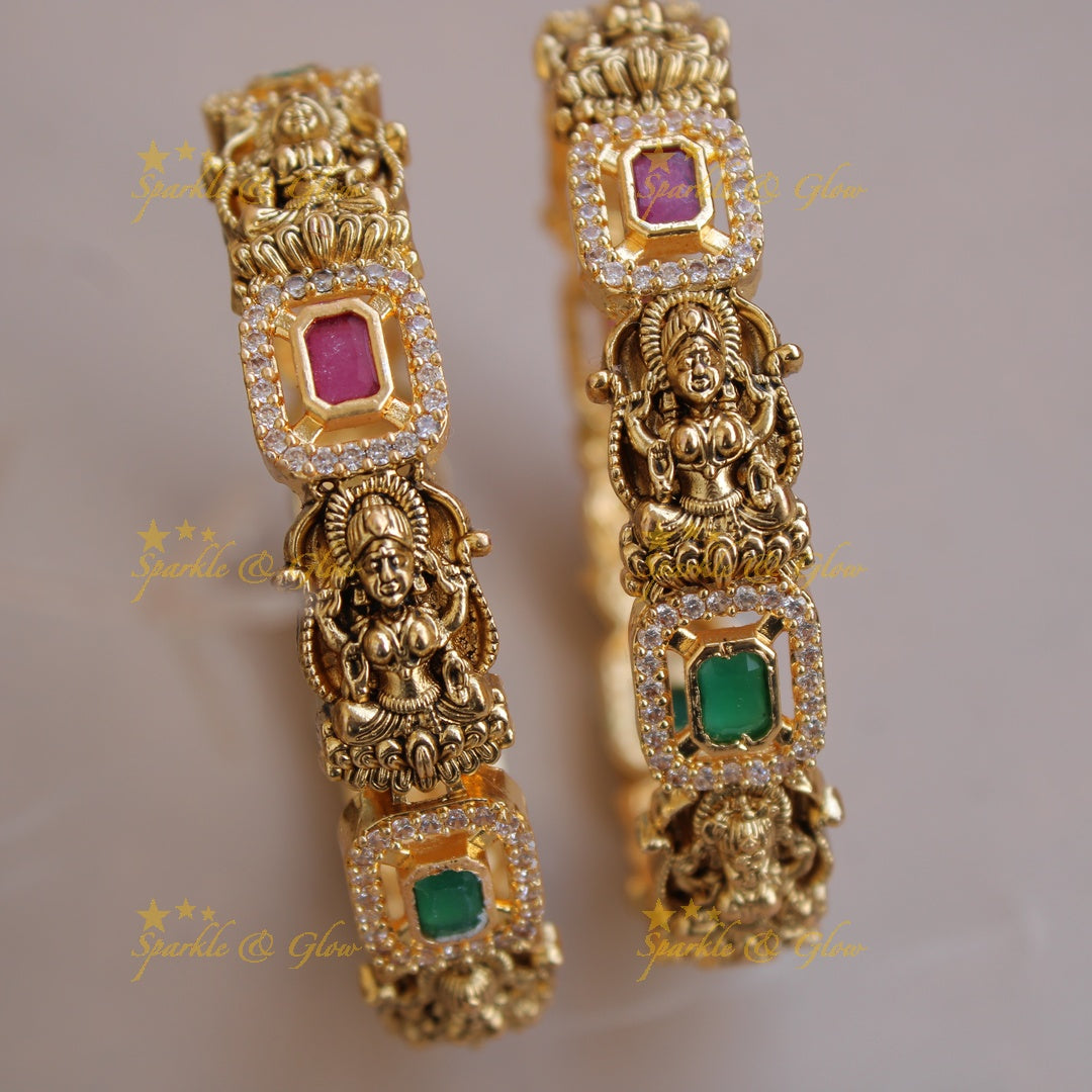 Beautiful Lakshmi lotus carved bangles with ruby emerald and white stones a pair, 2.6