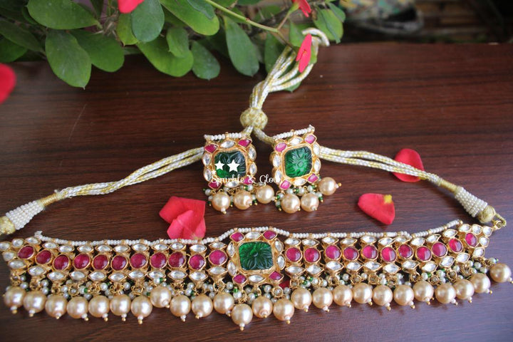 Beautiful Jadau high neck gutta pusalu choker- PREORDER TAKES 15-30 days to make once order is placed. Cancellation not allowed. Beads colour can be customised - Sparkle and Glow