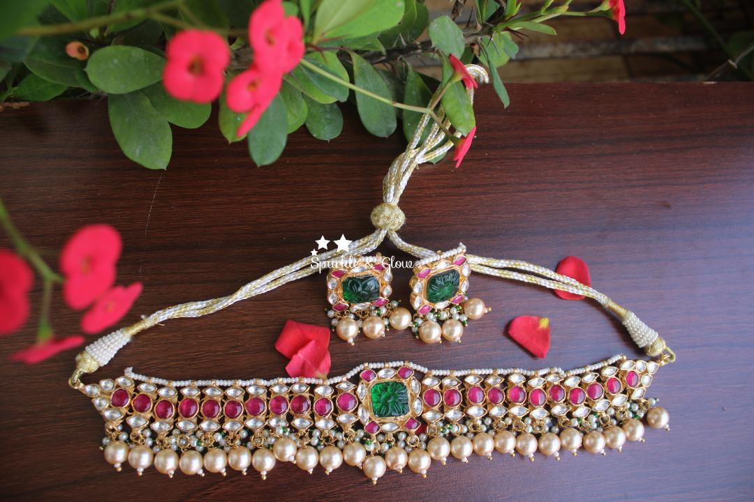 Beautiful Jadau high neck gutta pusalu choker- PREORDER TAKES 15-30 days to make once order is placed. Cancellation not allowed. Beads colour can be customised - Sparkle and Glow