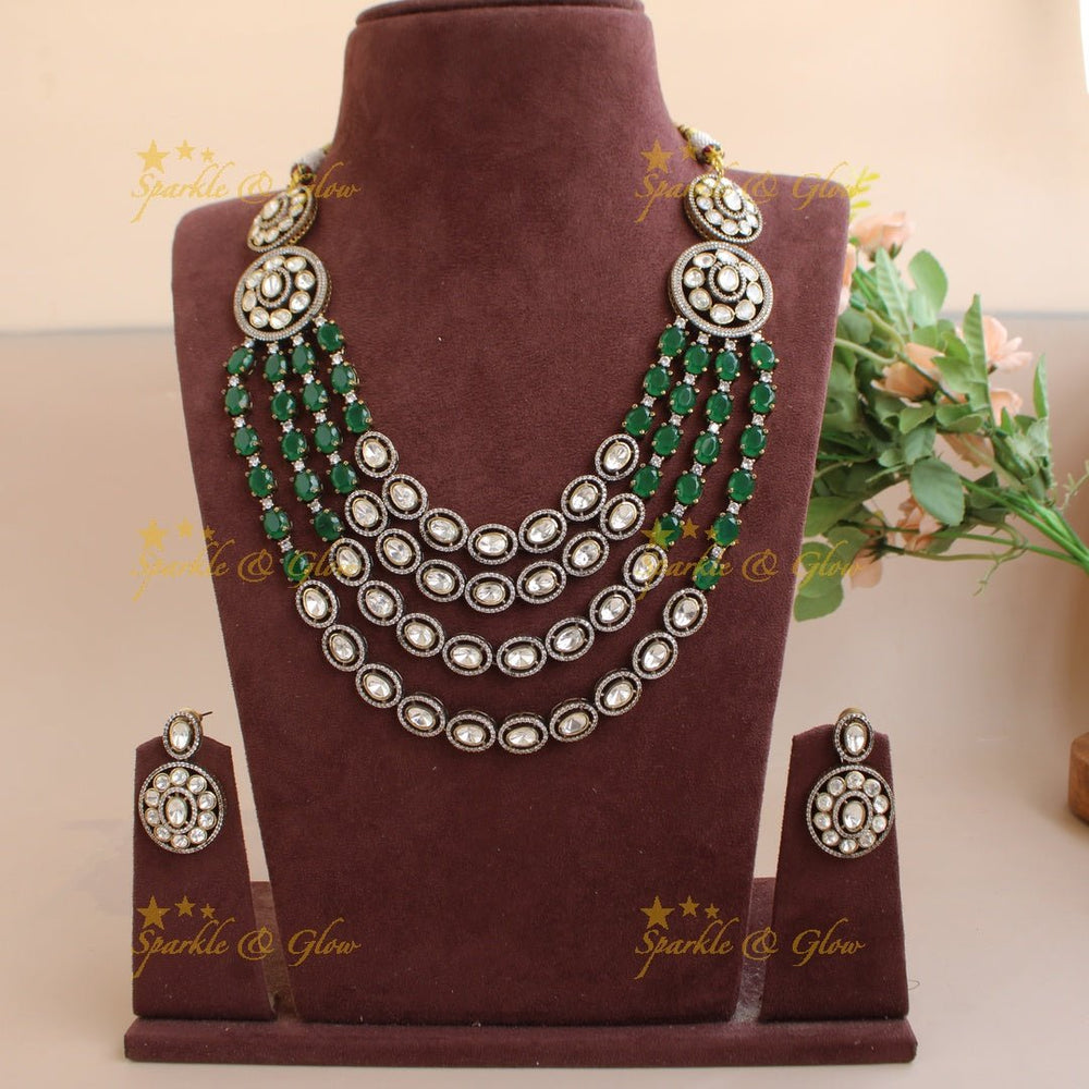 Exclisive Multi layer floral black finish Victorian AD haram with green stones - Sparkle and Glow - Back Thread - 