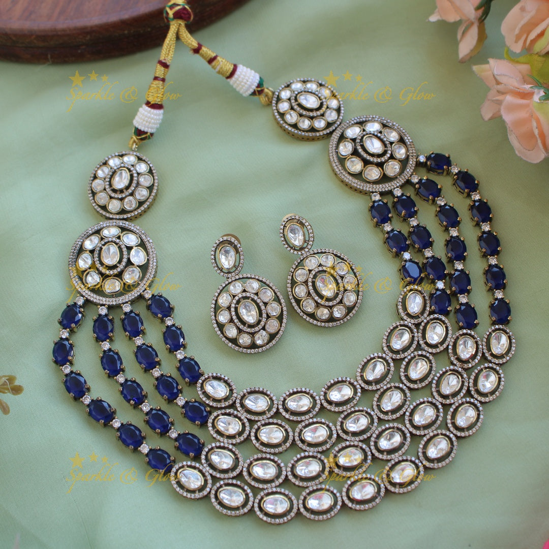 Exclisive Multi layer floral black finish Victorian AD haram with blue stones
