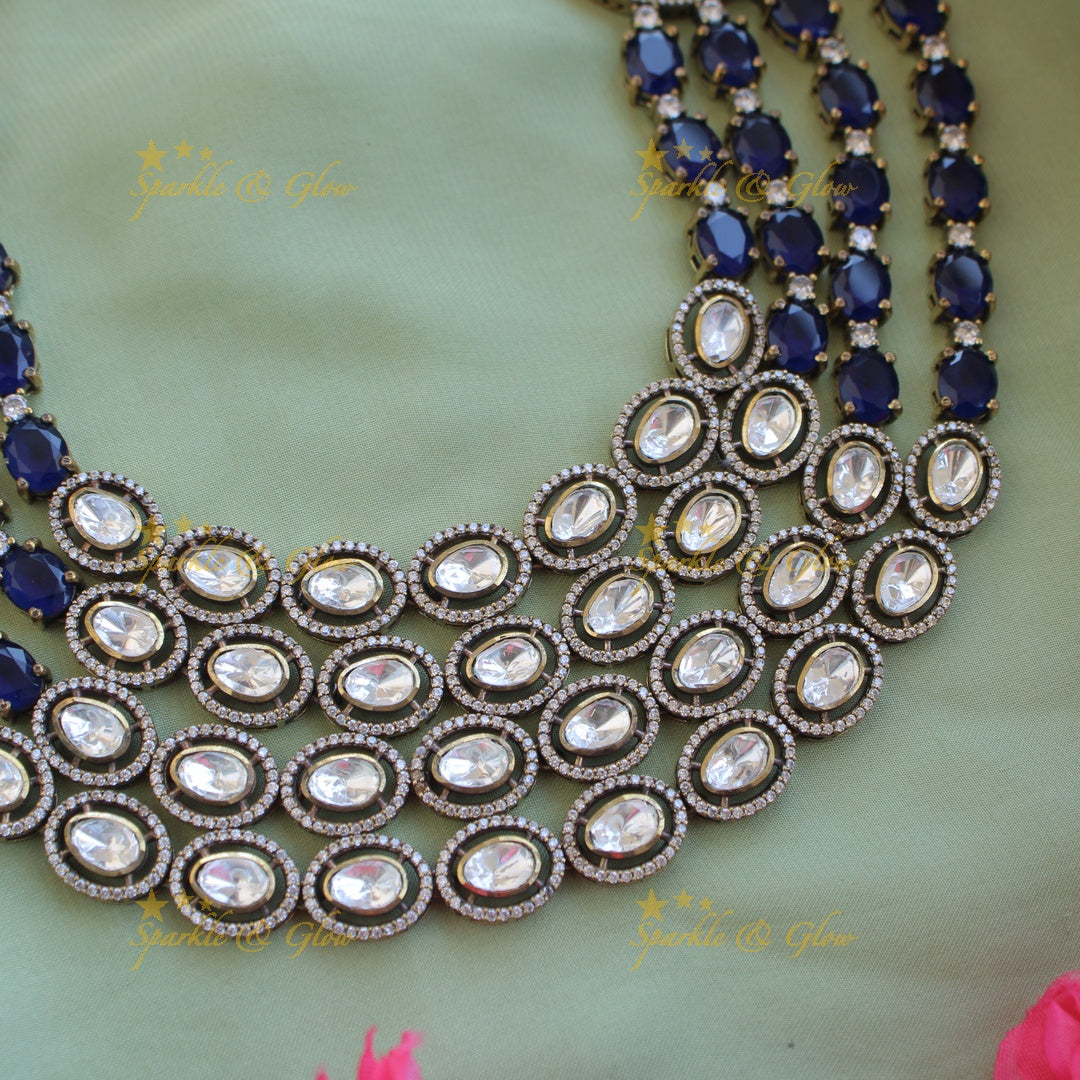 Exclisive Multi layer floral black finish Victorian AD haram with blue stones