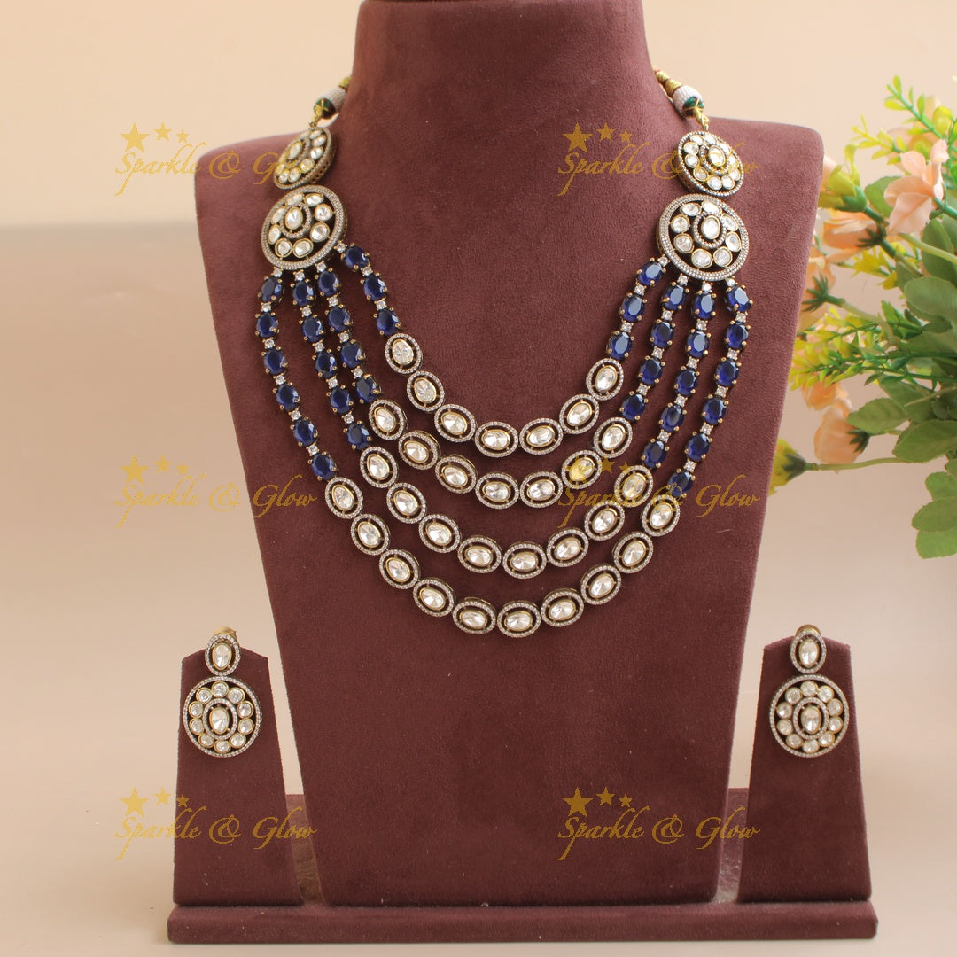 Exclisive Multi layer floral black finish Victorian AD haram with blue stones
