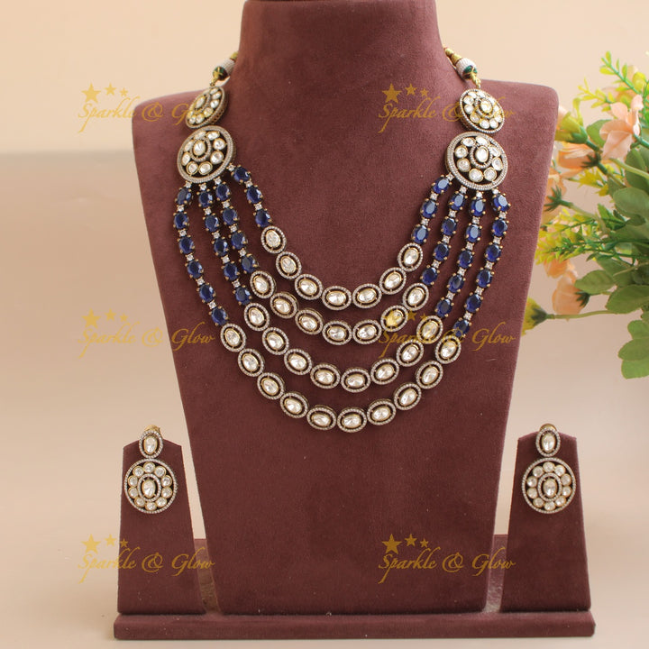 Exclisive Multi layer floral black finish Victorian AD haram with blue stones
