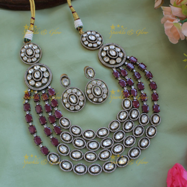 Exclisive Multi layer floral black finish Victorian AD haram with dark pink stones