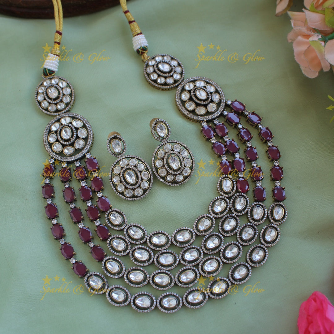 Exclisive Multi layer floral black finish Victorian AD haram with dark pink stones