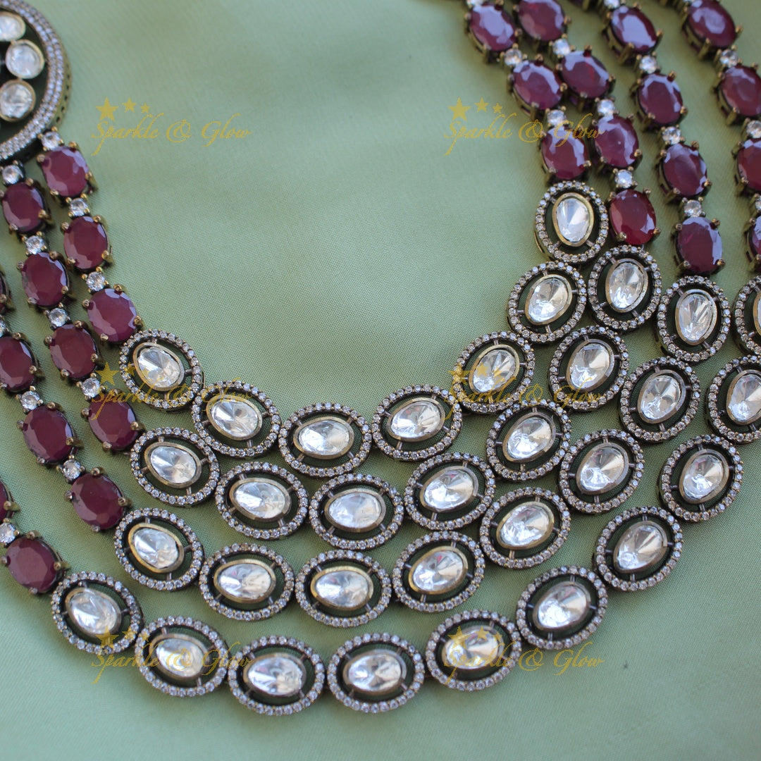 Exclisive Multi layer floral black finish Victorian AD haram with dark pink stones