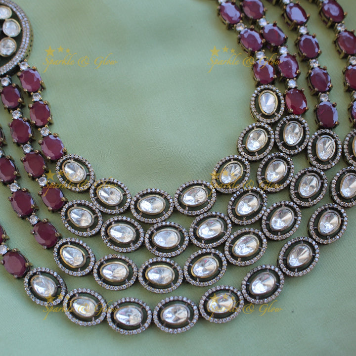 Exclisive Multi layer floral black finish Victorian AD haram with dark pink stones