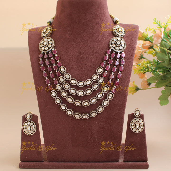 Exclisive Multi layer floral black finish Victorian AD haram with dark pink stones