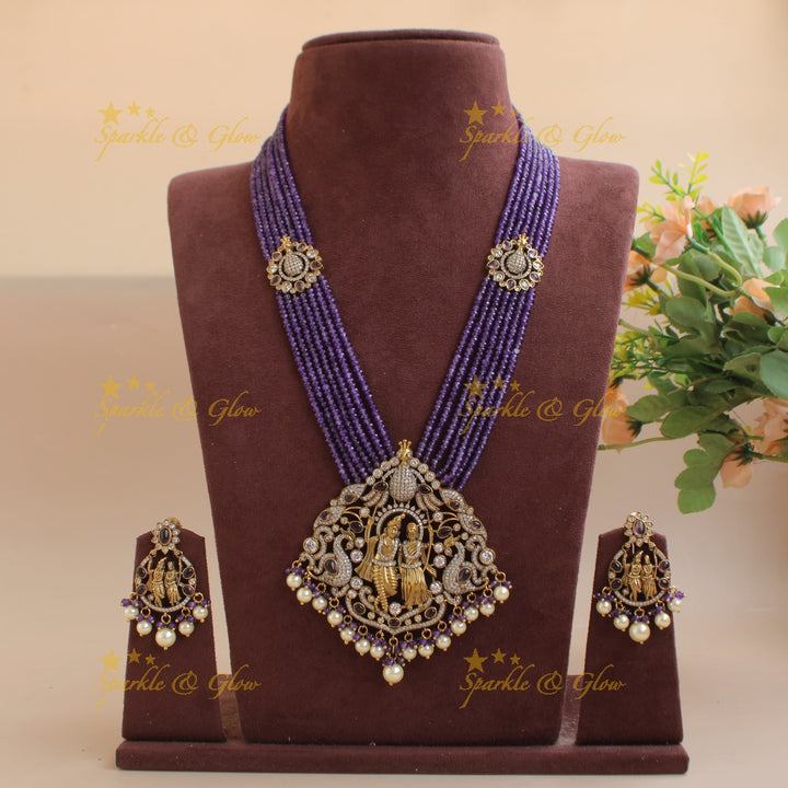 Stunning Radha krishna pendant Victorian AD haram with multi layer Blue beads chain