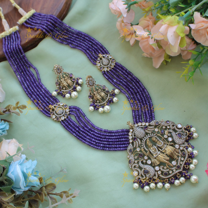 Stunning Radha krishna pendant Victorian AD haram with multi layer Blue beads chain