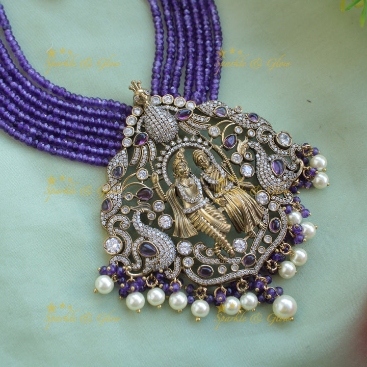 Stunning Radha krishna pendant Victorian AD haram with multi layer Blue beads chain
