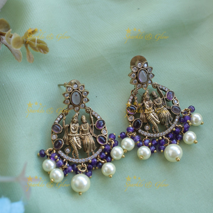 Stunning Radha krishna pendant Victorian AD haram with multi layer Blue beads chain