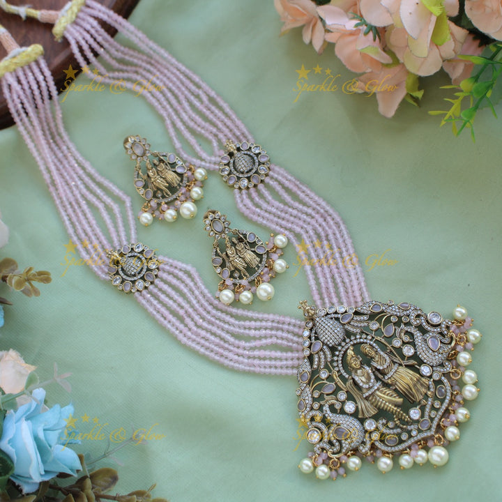 Stunning Radha krishna pendant Victorian AD haram with multi layer baby pink beads chain