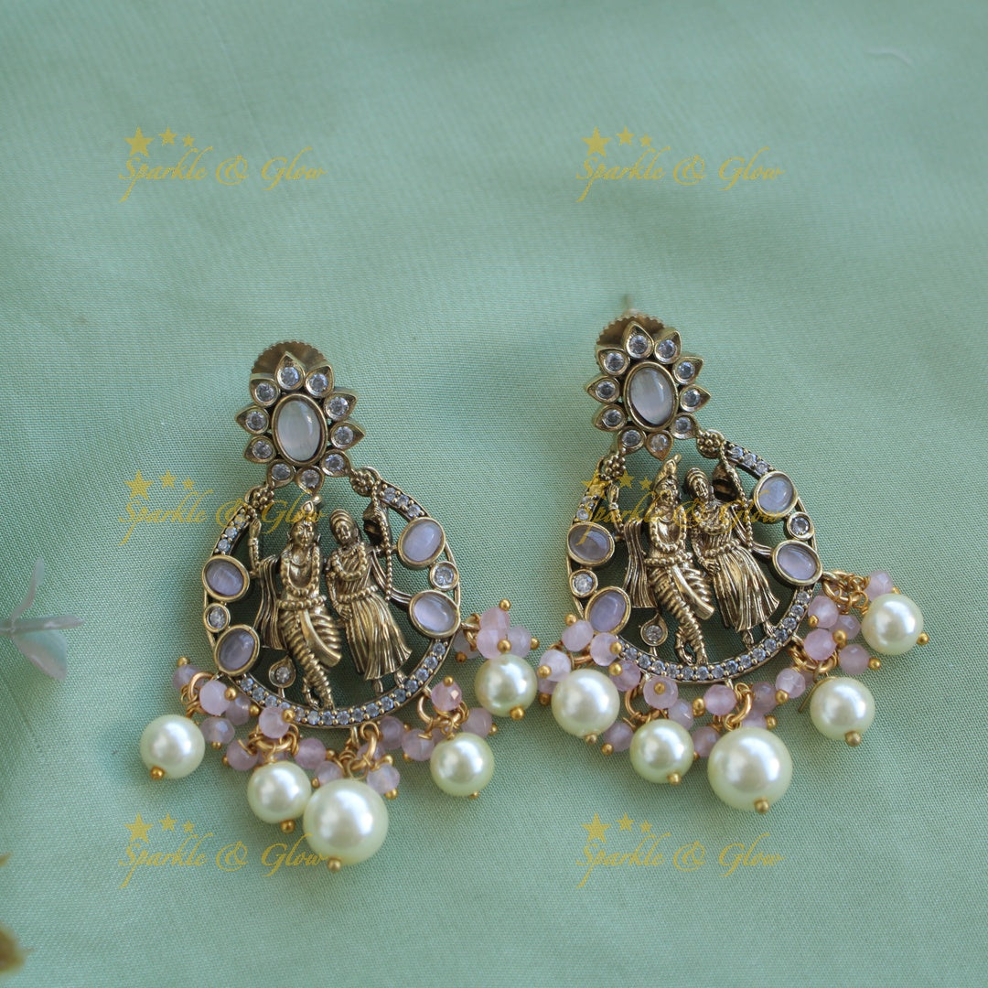 Stunning Radha krishna pendant Victorian AD haram with multi layer baby pink beads chain