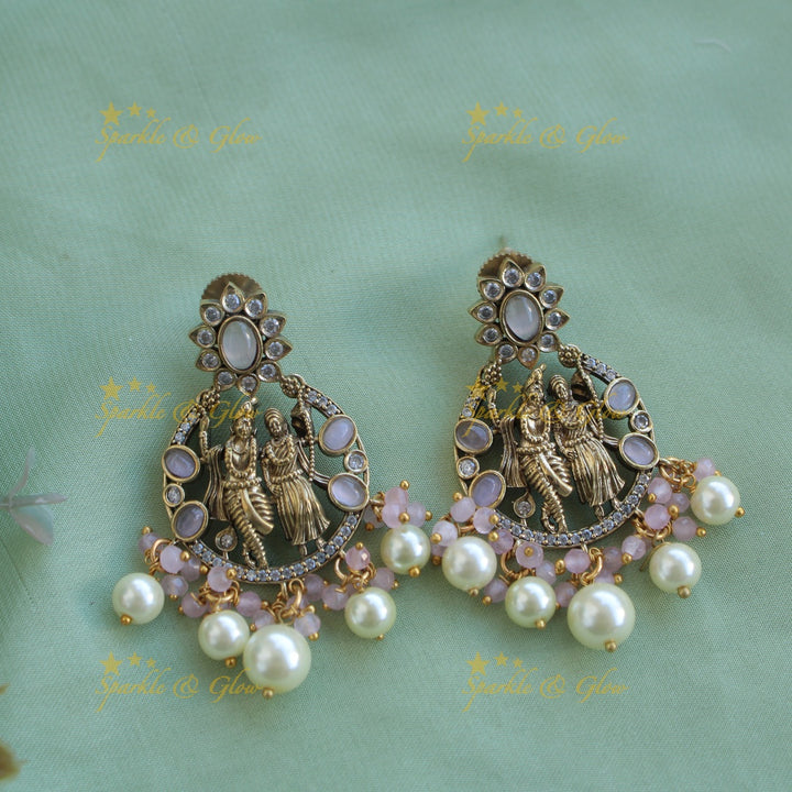 Stunning Radha krishna pendant Victorian AD haram with multi layer baby pink beads chain