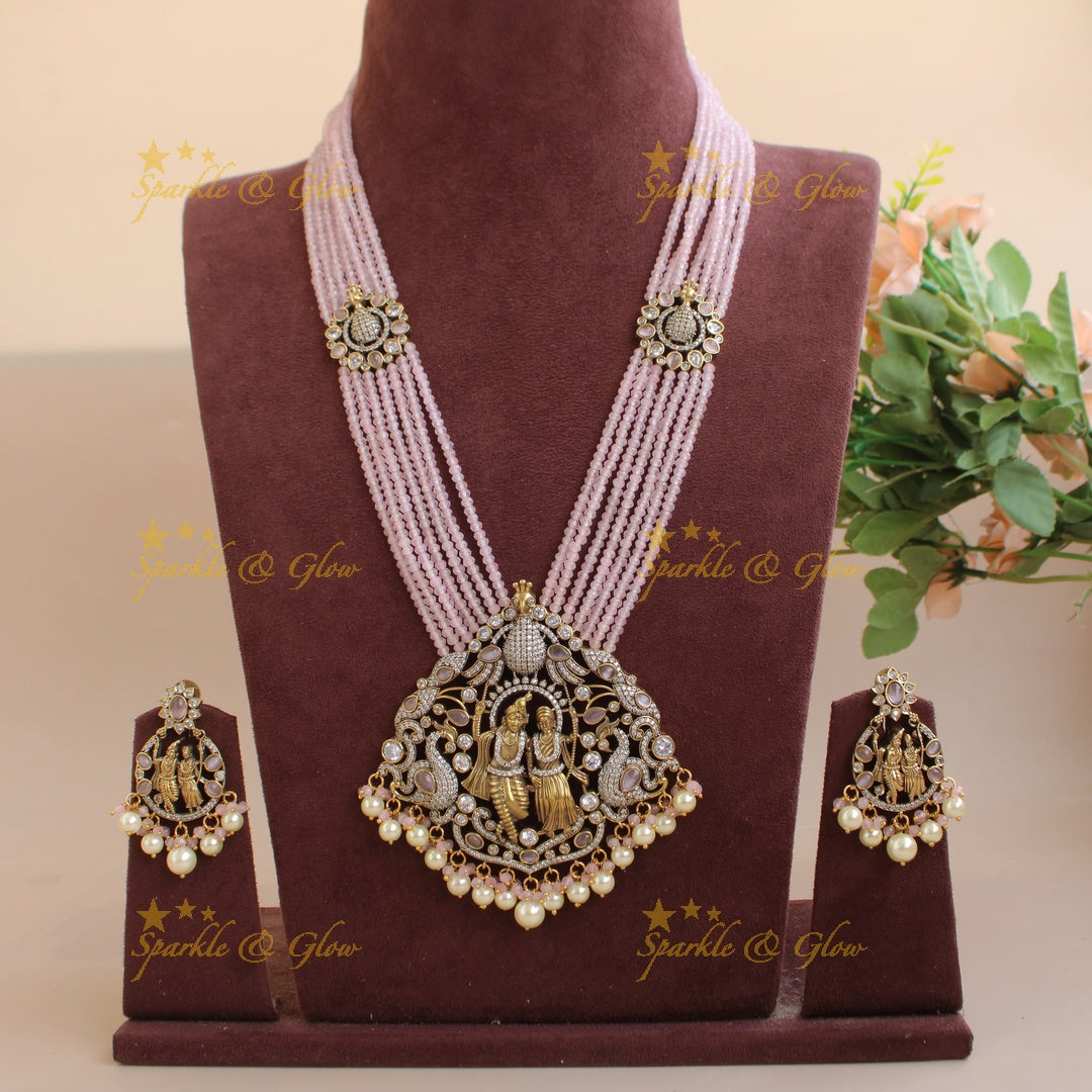 Stunning Radha krishna pendant Victorian AD haram with multi layer baby pink beads chain
