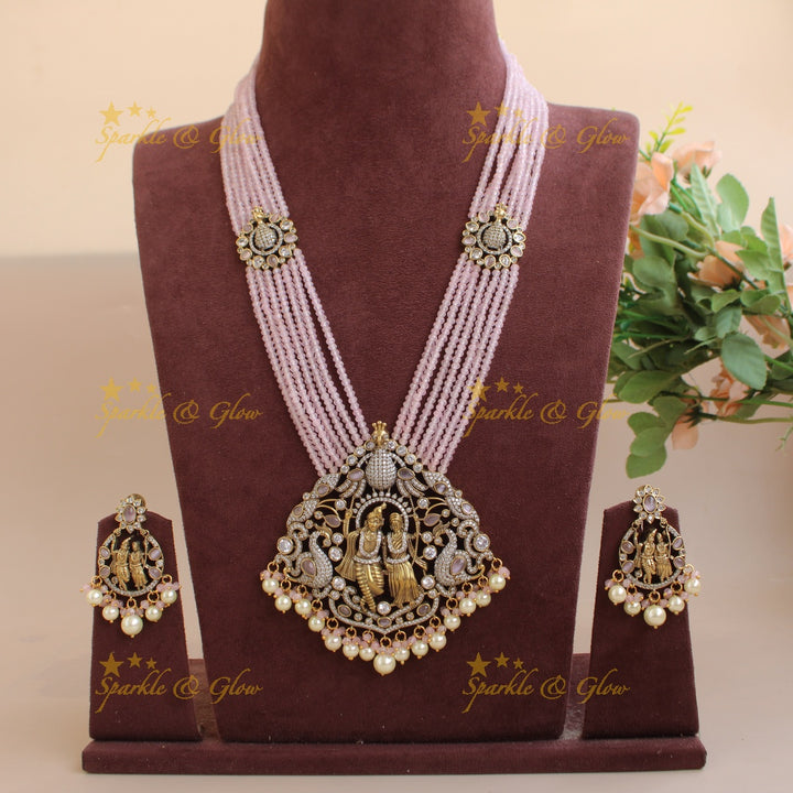 Stunning Radha krishna pendant Victorian AD haram with multi layer baby pink beads chain