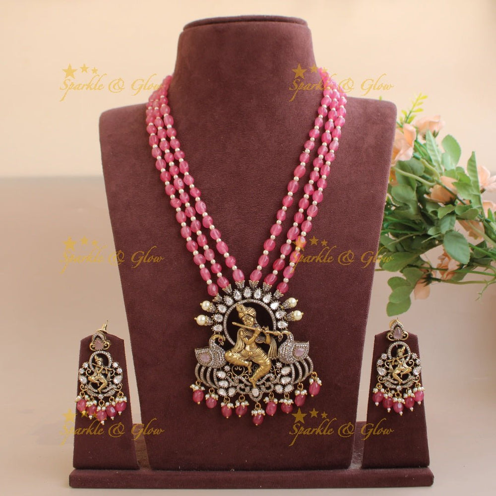 Statement Krishna playing flute peacock design pendant Victorian AD haram with multi layer beads chain - Sparkle and Glow - Back Thread - 